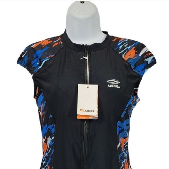 NEW Axesea Tide Front Zipper Retro One Piece Swimsuit in Sun Song Black Size 12 - Picture 4 of 11